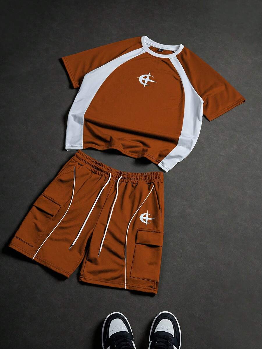 PAVTROS 男士星月印花撞色短袖 T 恤和口袋短裤套装 - 彩色 - 查看 1