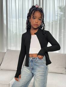 SHEIN Tween Girl Black Casual Fashionable Ribbed Solid Color Stand Collar Zip-Up Long Sleeve Fitted Jacket,Suitable For School,Back-To-School,Autumn Outfit - Black - View 3