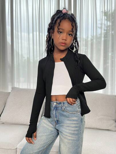 SHEIN Tween Girl Casual Fashionable Versatile Ribbed Solid Color Stand Collar Zip-Up Long Sleeve Fitted Jacket, Suitable For Weekend, Casual Outing, Back To School, Black Long Sleeve For Girls, Tween Girls Black Zip Up, Girls Black Ribbed Top,In Fall/Winter