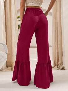 EURMUSE Elastic-Waist Black Flared Pants With Adjustable Drawstring And Tiered Ruffle Hem Detailing" - Burgundy - View 2