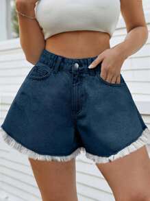 SHEIN Cottnline 99%Cotton FRAYED HEM LOOSE MINI SHORT - Medium Wash - View 5