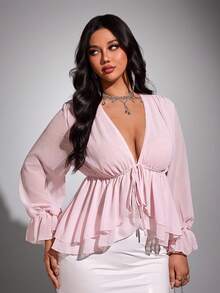 Viva Relle 大码性感雪纺蝴蝶结衬衫 - 粉色 - 查看 5