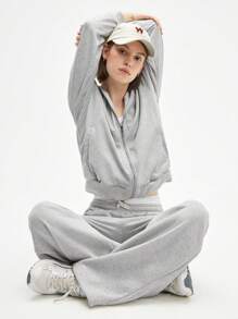 SHEIN Sports 女士灰色长袖拉链卫衣，休闲舒适 - 淺灰色 - 查看 7