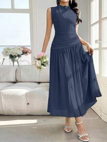 Modelyn 女士 Design Sense 立领无袖荷叶边中长连衣裙 - 藏蓝色 - 查看 3