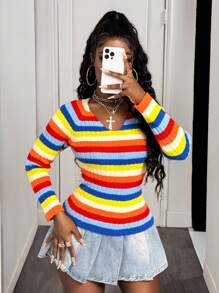 BamGleam Women V-Neck Long Sleeve Pullover Sweater, Colorful Ribbed Ribbed Slim Fit Slit Cuff Casual Knitted Top Fall Winter - Multicolor - View 5
