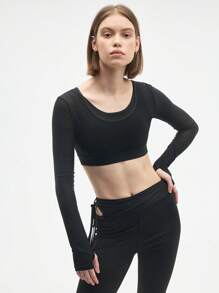 Gameset SHEIN Sport 女士纯色长袖超短运动文胸 - 黑色 - 查看 1