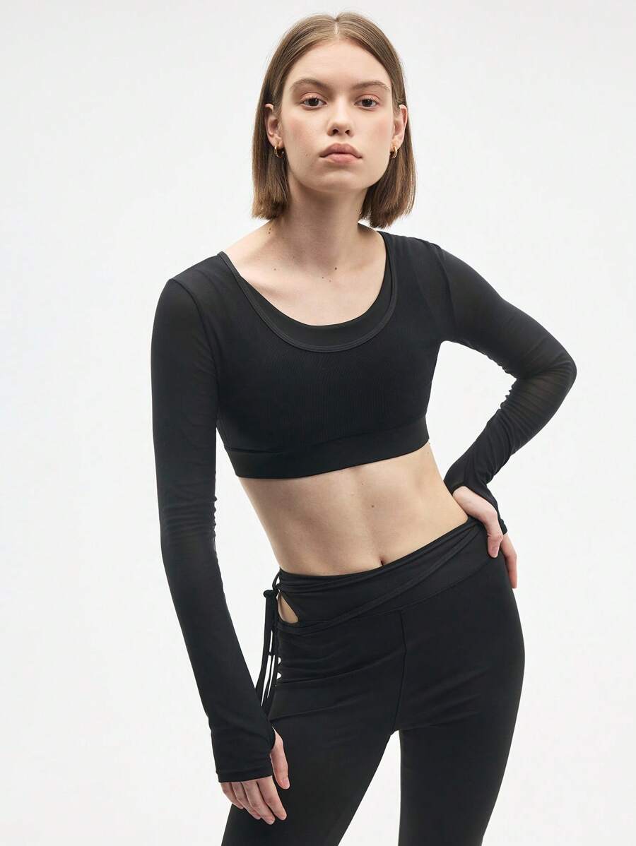 Gameset SHEIN Sport 女士纯色长袖超短运动文胸 - 黑色 - 查看 1