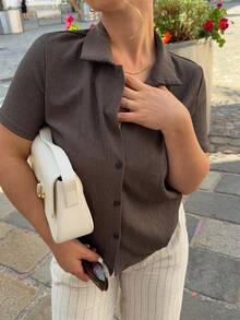 Jeta Ari Solid Color Textured Casual Short Sleeve T-Shirt Summer - Coffee Brown - View 3