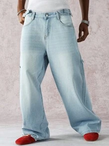 Manfinity ZONE917 Quần Jeans Xanh Chống Nhăn Phong Cách Đường Phố Thường Ngày Cho Nam, Dáng Rộng, Nhiều Túi, Chống Trơn Trượt, Bền, Đa Năng Cho Mọi Mùa - Rửa nhẹ - Xem 7
