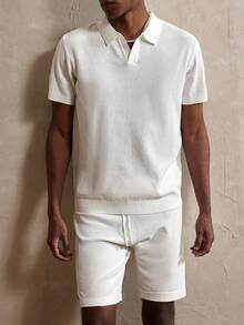 Manfinity Homme 2pcs Men's Casual Solid Color Knitted Short Sleeve Top And Shorts Set - White - View 3