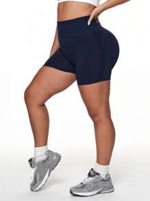 Rhythm Era 女士加大码高弹力无缝瑜伽短裤，休闲夏季海军蓝短裤 - 藏蓝色 - 查看 4
