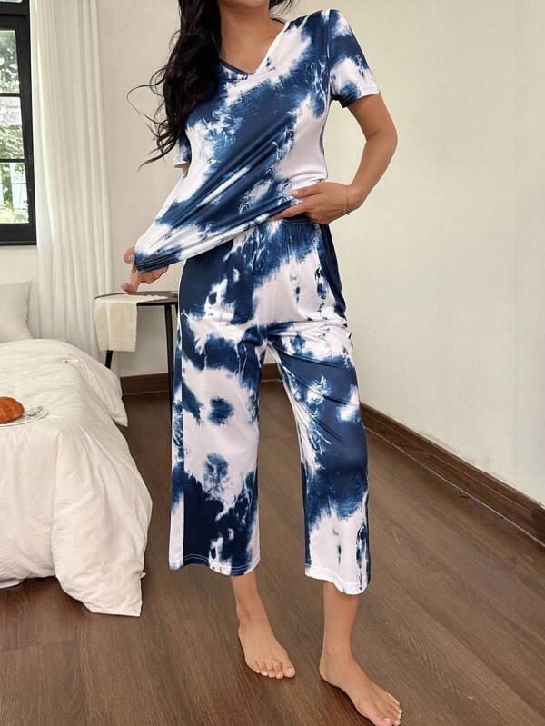SHEIN Tie-Dye V-Neck Short Sleeve & 3/4 Pants Women Pajama Set