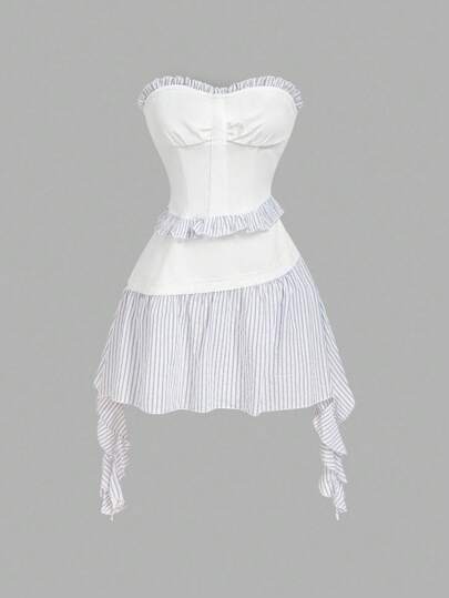 SHEIN MOD 夏季优雅复古条纹拼布抹胸连衣裙、女士夏装、度假装、女士沙滩装、沙滩度假装、女士生日装、女士早午餐装、女士优雅装、茶会礼服、Y2k 女士服装、乡村音乐会装、狂欢节装