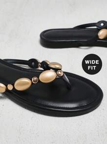 SHUZIA 宽版女士时尚休闲舒适 Thone 平底凉鞋，带彩色宝石装饰 - 朋克时尚、前卫 & - 黑色 - 查看 5