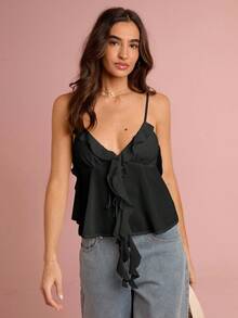 Enchnt 女式纯色细肩带 V 领无袖荷叶边下摆背心，夏季时尚