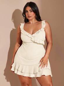 SHEIN BAE 大码女式优雅、浪漫、性感 V 领可爱百搭红色荷叶边下摆迷你连衣裙，日常穿着、海滩度假、派对短裙，春夏季 - 杏色 - 查看 3