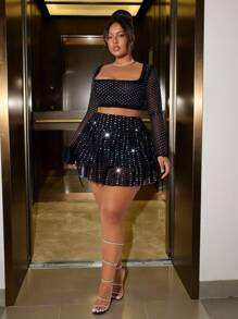 SHEIN SXY Plus Size Women Solid Color Sequin Multi-Layer Ruffle Hem Short Fashion Mini Skirt,Club Outfits Women Sexy; Sequin / Rhinestone