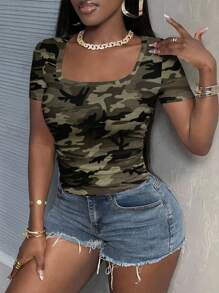 Slaydiva Plus Size Women Green Camouflage Print Square Neck Short Sleeve T-Shirt, Casual & Fashionable Summer Camo Tops Camo Shirt Women Square Neck Tops Fitted Tops Women Camouflage Tops For Women Suitable For Going Out,Back To School - White - View 5