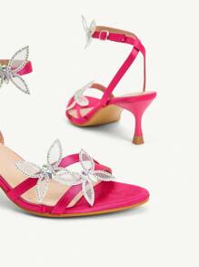 CUCCOO CHICEST Sandalias con tacón grueso de mujer con pedrería, malla y adorno de lazo, estilo elegante, dulce, romántico y de jardín, color negro, apropiadas para citas, fiestas, discotecas y vacaciones - Rosa Fucsia - Ver 9