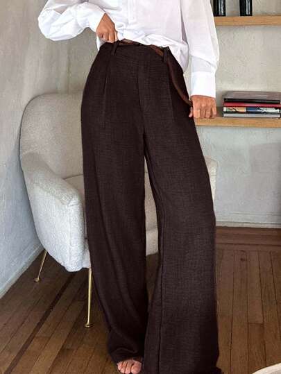 EURMUSE Dames wijde pijpen hoge taille broek met riem
