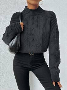 EURMUSE 女式纯色休闲高领麻花针织落肩毛衣 - 深灰色 - 查看 1