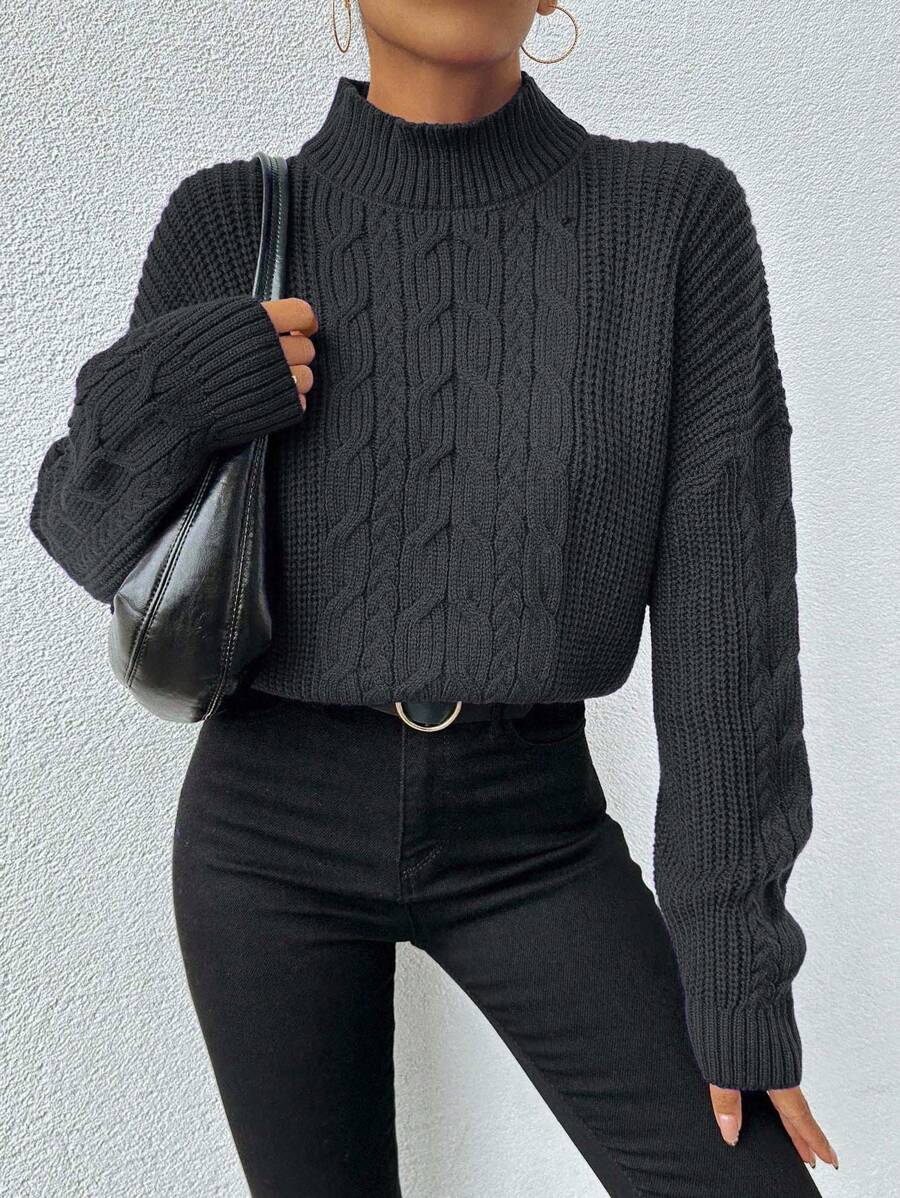 EURMUSE 女式纯色休闲高领麻花针织落肩毛衣 - 深灰色 - 查看 1