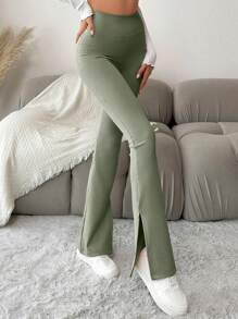 EURMUSE 女士高腰开叉纯色休闲紧身裤，百搭夏季裤子 - 薄荷綠 - 查看 1