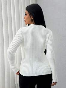 EURMUSE Women Solid Color Rib Knit Round Neck Button Detailed Pullover,Jumper,Cream Jumper,Jumpers,Black Jumper,Womens Jumper,White Jumper,Women's Jumper,Women's Jumpers,Winter Clothes - Cream - View 2