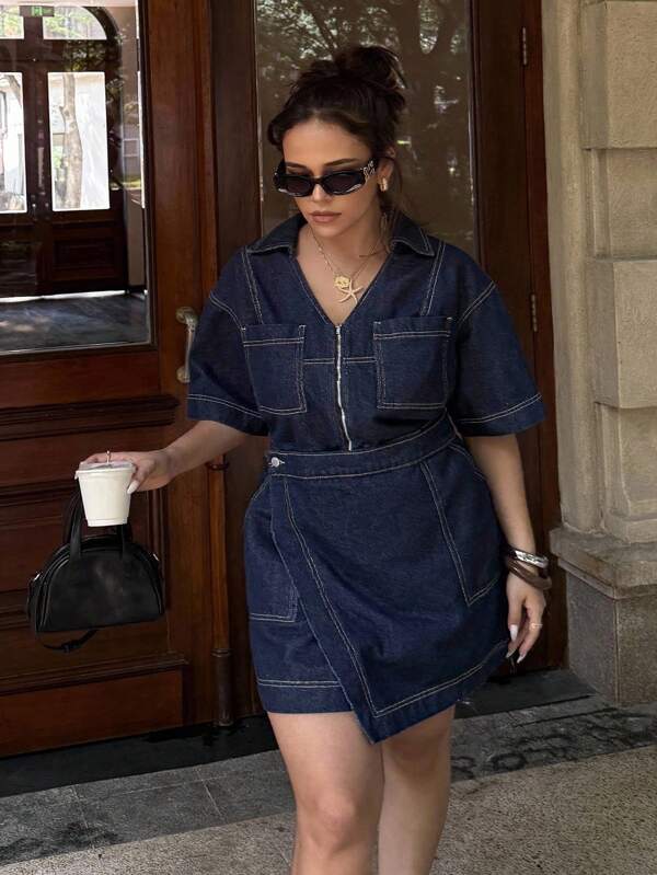 Dripcurv 大码女式无弹力V领不对称牛仔连体裤，春秋季深蓝色牛仔衬衫式蝴蝶结短裙韩版甜美连衣裙外出上衣女式裹身裙，可爱夏日假日优雅浪漫曲线农舍风