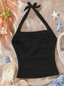 少女时尚可爱舒适波浪设计蝴蝶结吊带背心，适合春夏季外出和聚会