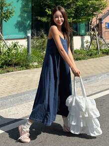 DAZY 女式夏季细肩带长款牛仔休闲连衣裙 - 中等水洗藍 - 查看 6