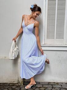 Siren Gaze 女士细肩带无袖竖条纹褶皱腰休闲长裙 - 白色 - 查看 4