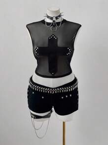 Sunspun 大码女式黑色蕾丝网眼无袖吊带背心 - 黑色 - 查看 5