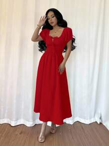 Rafferiza Đầm suông tay bồng màu trơn thanh lịch thắt eo tay ngắn cho nữ - Đỏ - Xem 3