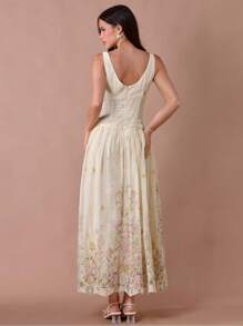 Enchnt 夏/秋浪漫女士杏色花卉印花刺绣单排扣无袖长裙 - 彩色 - 查看 7