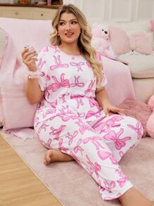 Plus Size Bow Print Contrast Color Round Neck Sleepwear Set, Sweet Ins Style - White - View 4