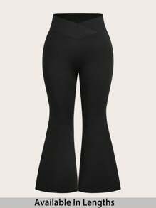 SHEIN PETITE CURVE 2 件套加大码女式高腰交叉设计喇叭紧身裤，适合 - 黑色 - 查看 4