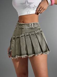 SHEIN ICON 女士夏季时尚不对称下摆牛仔迷你裙 - 軍綠色 - 查看 3