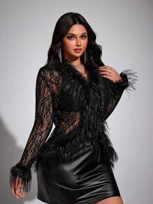 Viva Relle Plus Size Women Lace Patchwork Cardigan + Mini Skirt Sexy Elegant Fashion 2pcs Set Fall Cloth For Women - Black - View 2