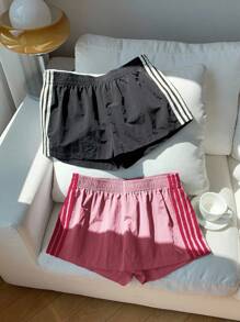 Comfortcana 2 件女式松紧腰条纹宽松休闲运动短裤，适合日常街头穿着，夏季