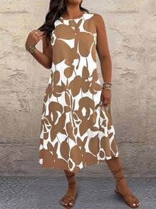 EMERY ROSE Plus Size Allover Allover Print Sleeveless Round Neck Casual Summer Dress - Khaki - View 3