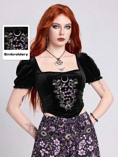 Goth Blusa de terciopelo con manga abullonada, bordado floral y estampado de piel de serpiente en estilo gótico retro para mujeres