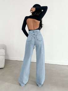 EURMUSE HIGH WAIST WIDE LEG LONG HEM BLUE JEAN - 716 GR - Baby Blue - View 2