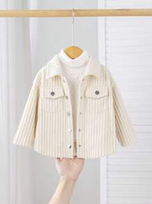 SHEIN Baby Girl Front Button Pocket Casual Versatile Long Sleeve Jacket,In Fall/Winter - Beige - View 8
