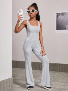 Tween Girl Hollow Out Backless Snug Fit Knit Jumpsuit, Comfortable Fashion Versatile Daily Wear - Grey - View 2