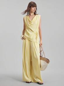 Ontre 2025 New Women's Clothing, Autumn/Winter Apparel, All Season Wear, Winter Outfits, Back To School Looks, Halloween & Christmas, Women's Teacher Attire, Outgoing Outfits, Night Out Dresses, Wedding Guest Gowns, Elegant Wedding Guest Dresses, Church Attire, Women's Business Casual, Versatile Basics, Daily Casual Solid Draped Neck Sleeveless Top & Pants 2 Pieces Set - Apricot - View 2