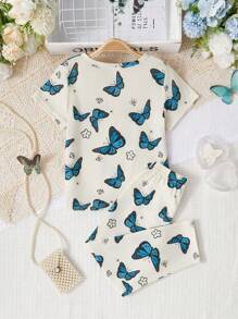 Girls' Butterfly Pattern Short-Sleeve Top + Stretchy Waistband Long Pants Children's Two Pieces Set, Suitable For Outdoor Wear. - Apricot - View 2