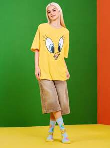 LOONEY TUNES X SHEIN 3 双柔软透气吸湿排汗休闲女士中筒袜，带有 Tweety & Sylvester 和时尚可爱的粉色和蓝色中筒袜，加固脚趾和脚跟，经久耐用，适合所有季节穿着 - 彩色 - 查看 13