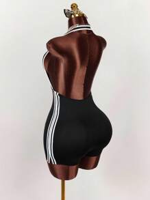 Amplova Color-Block Halter Backless Jumpsuit Jumpsuit For Summer - Black and White - View 1