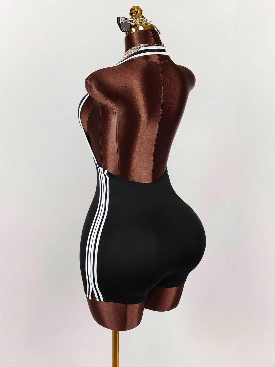 Amplova Color-Block Halter Backless Jumpsuit Jumpsuit For Summer - Black and White - View 1